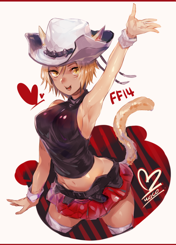 1girl animal_ears arm_up armpits belt blonde_hair cat_ears cat_tail final_fantasy final_fantasy_xiv halter_top halterneck hat looking_at_viewer midriff miqo'te open_mouth pleated_skirt short_hair skirt sleeveless slit_pupils solo tail thigh-highs waco_(misonobu) yellow_eyes
