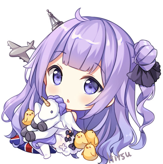 &gt;_&lt; 1girl :&lt; ahoge aircraft airplane artist_name azur_lane bangs bird black_bow black_ribbon blush bow chibi chick closed_eyes commentary detached_sleeves dress eyebrows_visible_through_hair full_body hair_bun hair_ornament hair_ribbon hitsukuya long_hair long_sleeves looking_at_viewer object_hug one_side_up parted_lips pillow print_pillow purple_hair ribbon side_bun sidelocks simple_background solo stuffed_animal stuffed_pegasus stuffed_toy stuffed_unicorn triangle_mouth unicorn_(azur_lane) union_jack very_long_hair violet_eyes white_background white_dress white_legwear