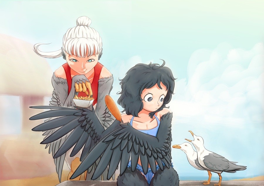 2girls bare_shoulders bird black_eyes black_feathers black_hair blue_eyes claws corndog crowanon feathered_wings feathers food french_fries glaring grey_feathers grin harpy messy_hair monster_girl multiple_girls ocean original ponytail seagull smile swimsuit theft white_hair wings