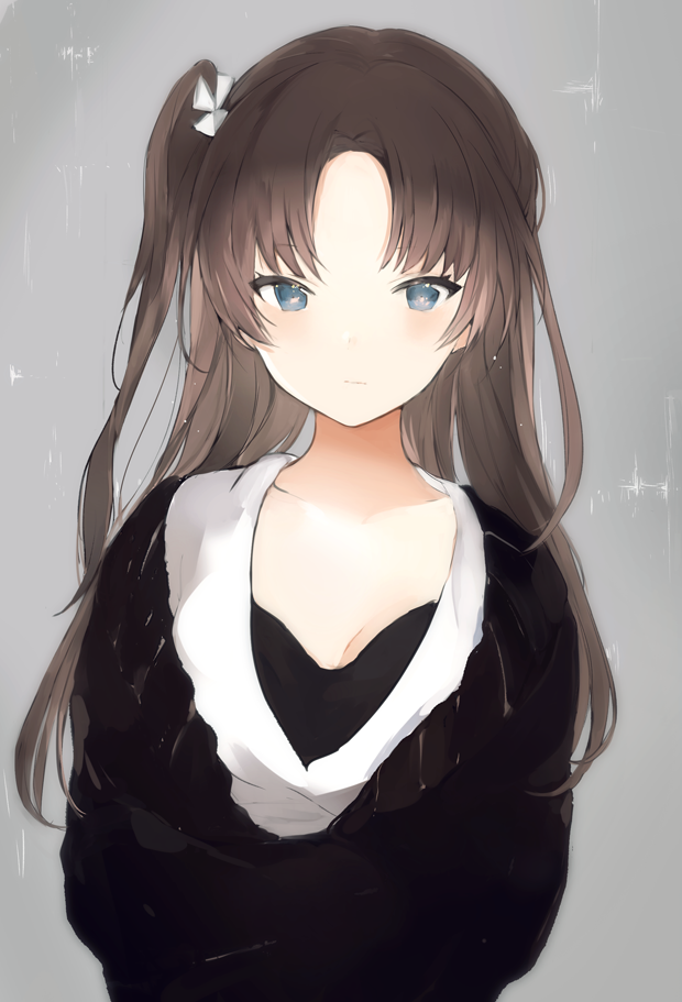 1girl :| bangs black_bra black_sweater blush bra breasts cleavage closed_mouth collarbone expressionless grey_background long_hair looking_at_viewer low_neckline lpip original parted_bangs shirt simple_background small_breasts solo straight_hair sweater underwear upper_body white_shirt