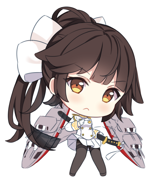 &gt;:( 1girl azur_lane bangs black_footwear black_legwear blush bow brown_eyes brown_hair chibi closed_mouth eyebrows_visible_through_hair full_body gloves hair_bow hair_flaps high_ponytail hitsukuya holding holding_sword holding_weapon jacket katana long_hair machinery military military_jacket military_uniform pantyhose pleated_skirt ponytail ribbon sheath sheathed simple_background skirt solo standing sword takao_(azur_lane) thighband_pantyhose uniform v-shaped_eyebrows very_long_hair weapon white_background white_bow white_gloves white_jacket white_ribbon white_skirt