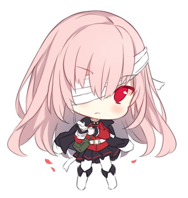 1girl :&lt; adjusting_clothes adjusting_gloves bandage_over_one_eye bangs black_jacket black_skirt blush boots chibi closed_mouth eyebrows_visible_through_hair fate/grand_order fate_(series) florence_nightingale_(fate/grand_order) full_body gloves hair_between_eyes hitsukuya jacket jacket_on_shoulders knee_boots long_hair long_sleeves looking_at_viewer pantyhose pink_hair pleated_skirt red_eyes red_jacket simple_background skirt solo standing star very_long_hair white_background white_belt white_footwear white_gloves white_legwear