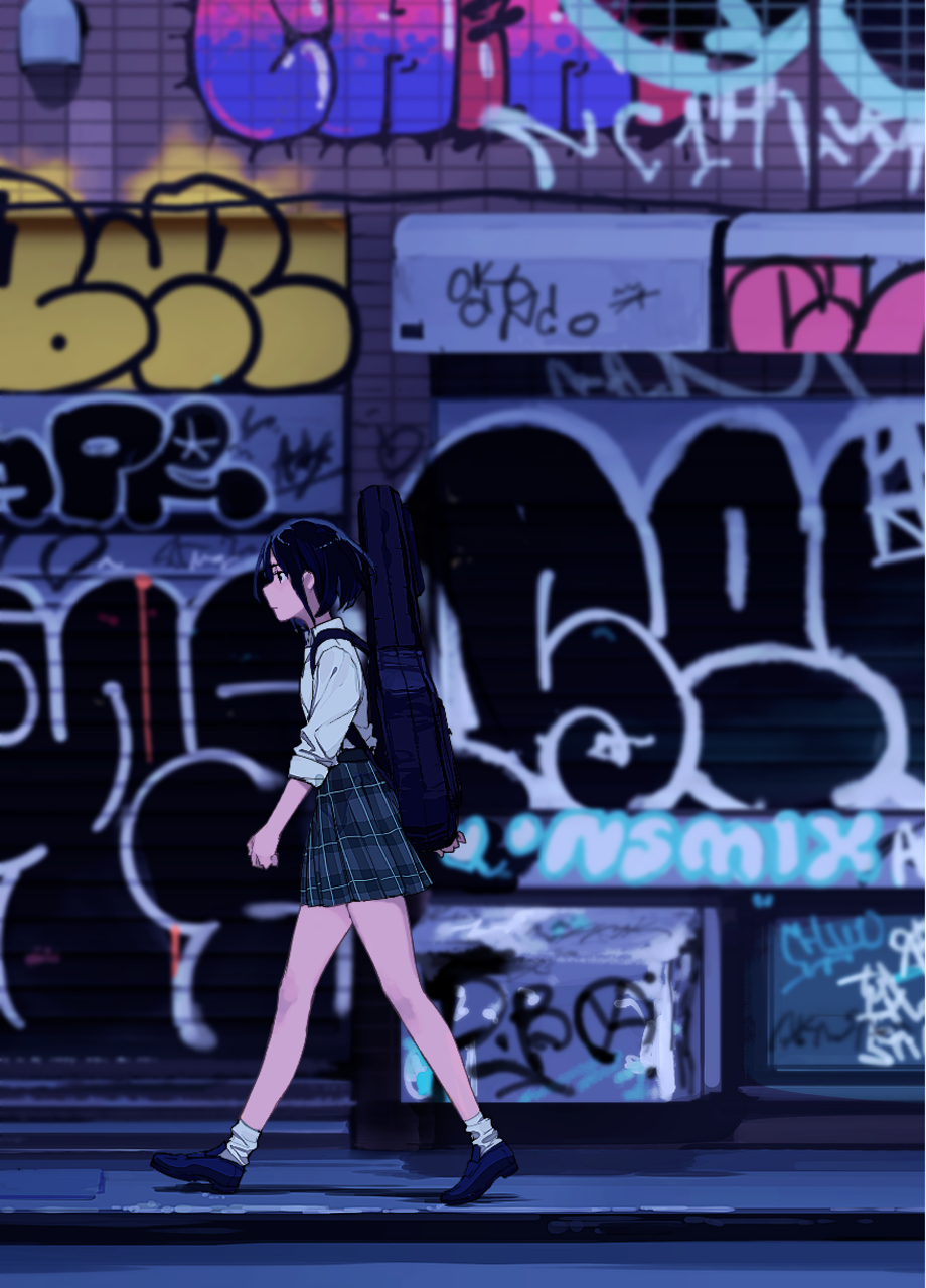 1girl black_eyes black_footwear black_hair closed_mouth collared_shirt commentary_request graffiti green_skirt guitar_case highres instrument_case original ouchi_kaeru outdoors pleated_skirt profile shirt shoes skirt sleeves_rolled_up socks solo standing walking white_legwear white_shirt wing_collar