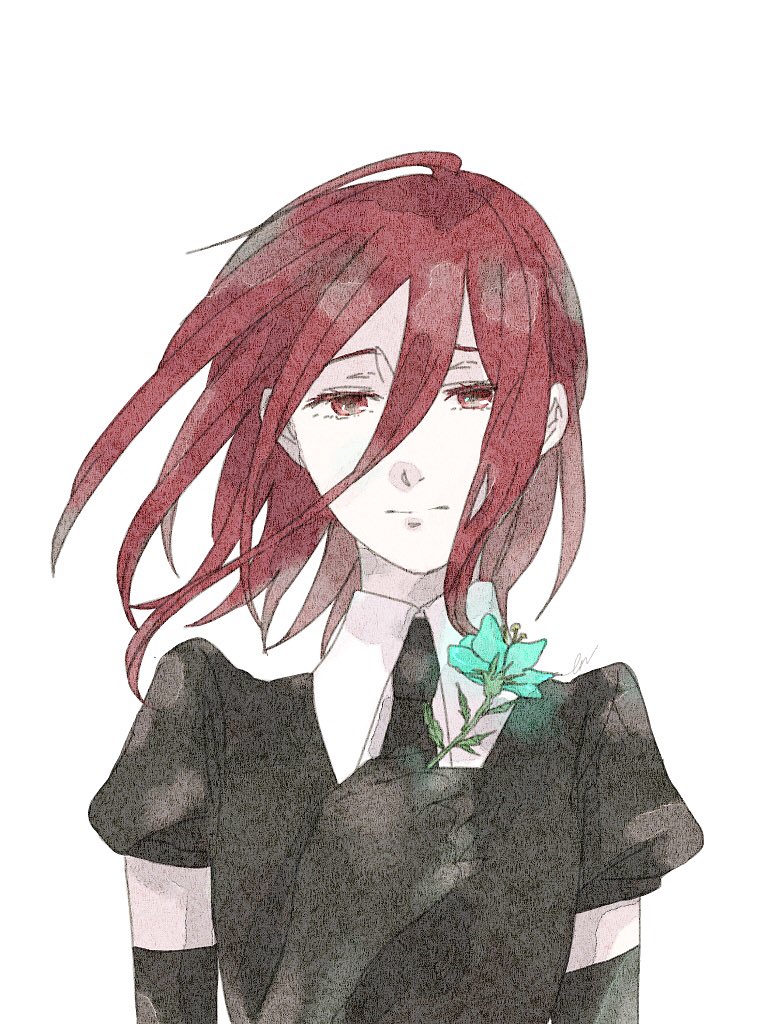 androgynous elbow_gloves flower gem_uniform_(houseki_no_kuni) gloves houseki_no_kuni looking_at_viewer necktie red_eyes redhead sad shinsha_(houseki_no_kuni) short_hair solo upper_body