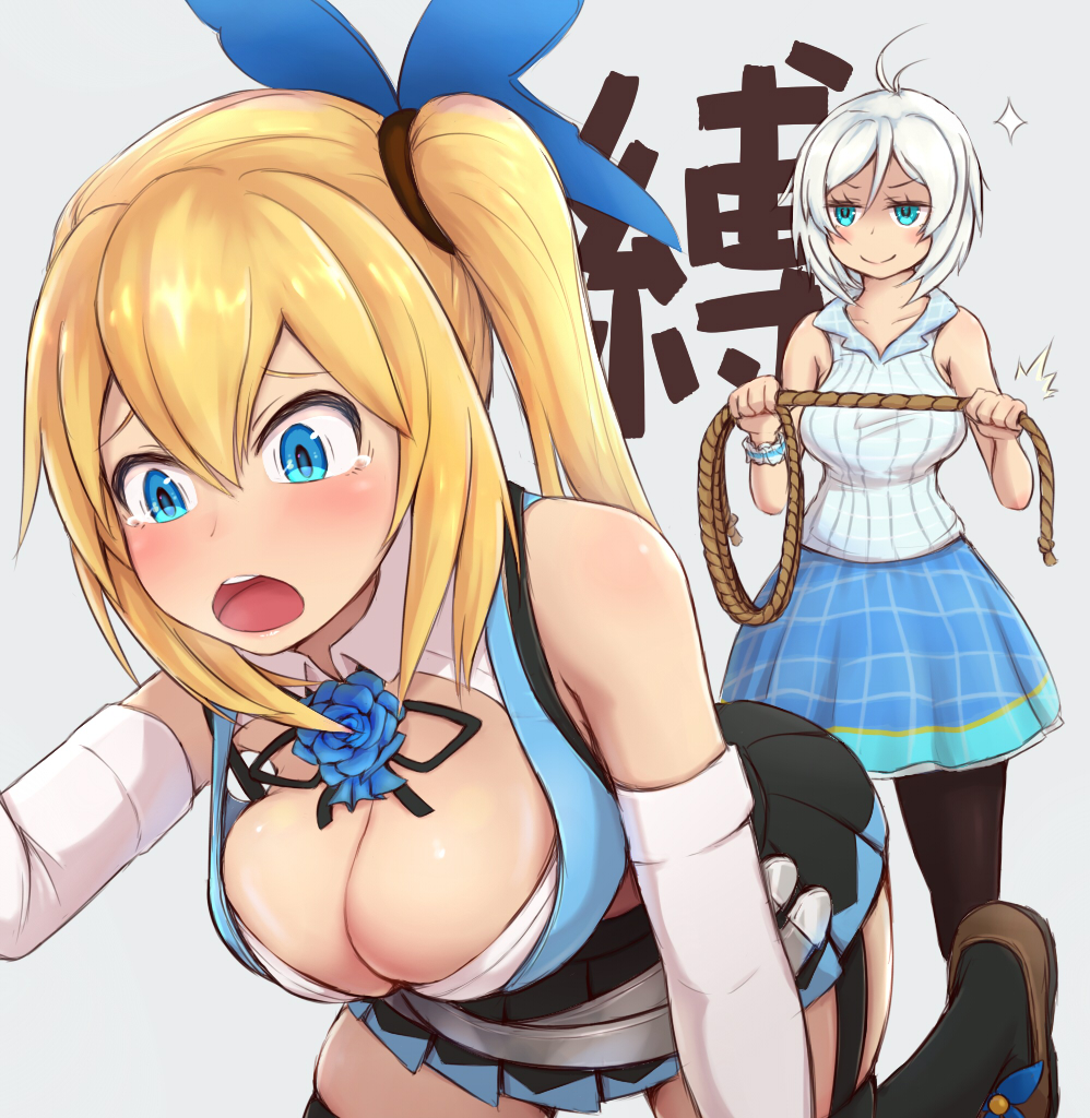 2girls all_fours antenna_hair bare_shoulders black_legwear black_skirt blonde_hair blue_eyes blue_flower blue_rose blue_skirt blush breasts brown_footwear bustier butterfly_hair_ornament cleavage dennou_shoujo_youtuber_shiro elbow_gloves evil_smile flower gloves hair_between_eyes hair_ornament jyu-zu large_breasts long_hair looking_at_another miniskirt mirai_akari mirai_akari_project multiple_girls open_mouth pantyhose pleated_skirt ribbed_shirt ribbon rope rose scared scrunchie shiro_(dennou_shoujo_youtuber_shiro) shirt short_hair side_ponytail skirt sleeveless sleeveless_shirt smile sparkle standing strap_gap suspender_skirt suspenders tears thigh-highs white_gloves white_hair white_shirt wrist_scrunchie