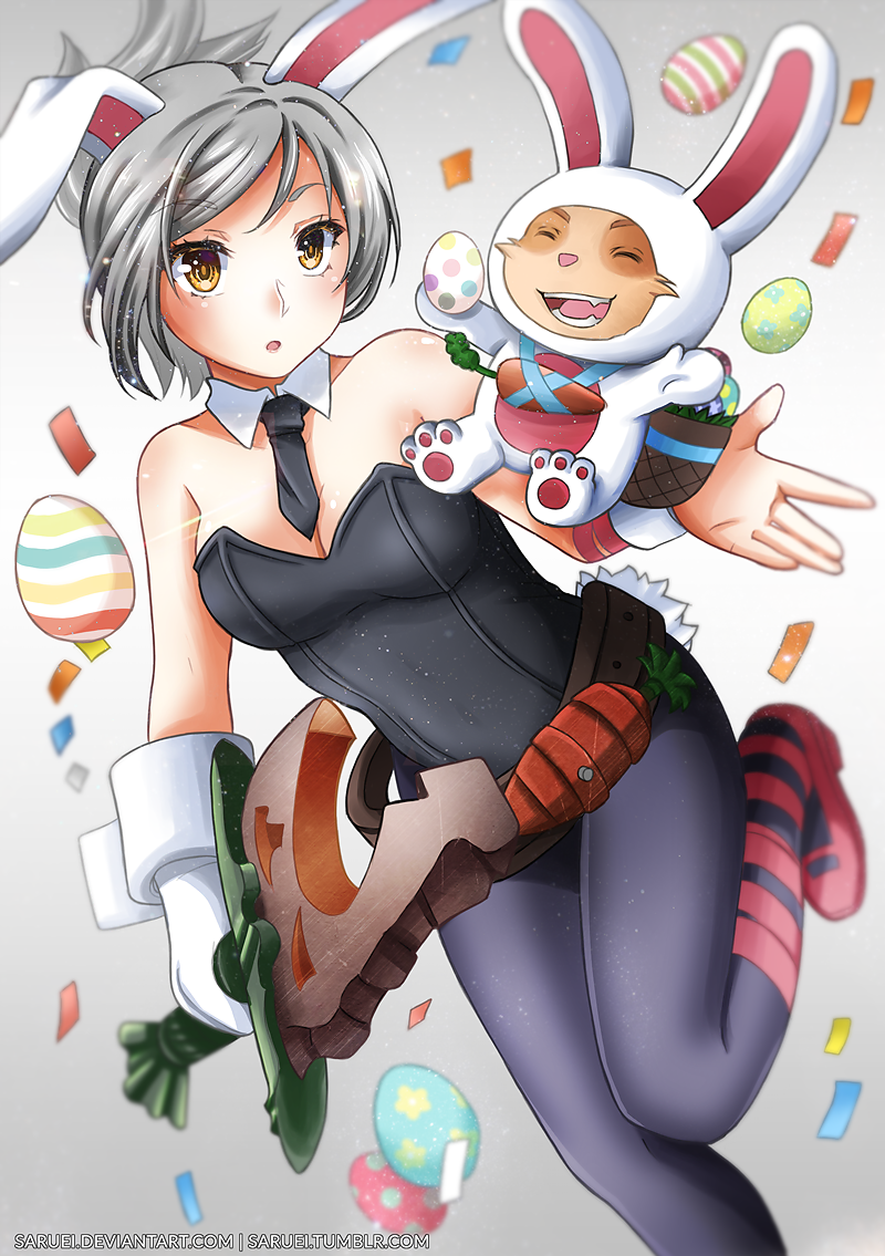 1girl :d animal_costume animal_ears bangs bare_shoulders battle_bunny_riven black_legwear black_leotard black_neckwear breasts broken broken_sword broken_weapon brown_eyes bunny_costume bunny_girl bunny_tail bunnysuit carrot cleavage closed_eyes collarbone commentary confetti cosplay detached_collar dutch_angle easter_egg eyebrows_visible_through_hair gloves grey_hair holding holding_sword holding_weapon kigurumi league_of_legends leotard long_hair medium_breasts necktie open_mouth pantyhose rabbit_ears red_footwear riven_(league_of_legends) saruei shoes short_hair short_necktie single_glove smile standing standing_on_one_leg strapless strapless_leotard sword tail teemo weapon white_collar white_gloves wing_collar wrist_cuffs yordle