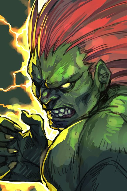 1boy angry clenched_teeth copyright_request electricity fingernails green_skin hair_slicked_back hand_up hankuri long_hair looking_at_viewer muscle redhead solo sparks teeth upper_body yellow_eyes