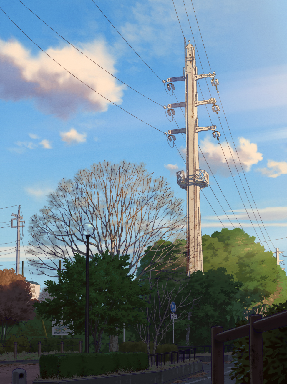 akasa_tanaha_(user_uhrn4435) bare_tree blue_sky building bush city clouds commentary_request day evening fence highres lamppost nature no_humans original outdoors power_lines railing road road_sign scenery sign sky street telephone_pole trash_can tree