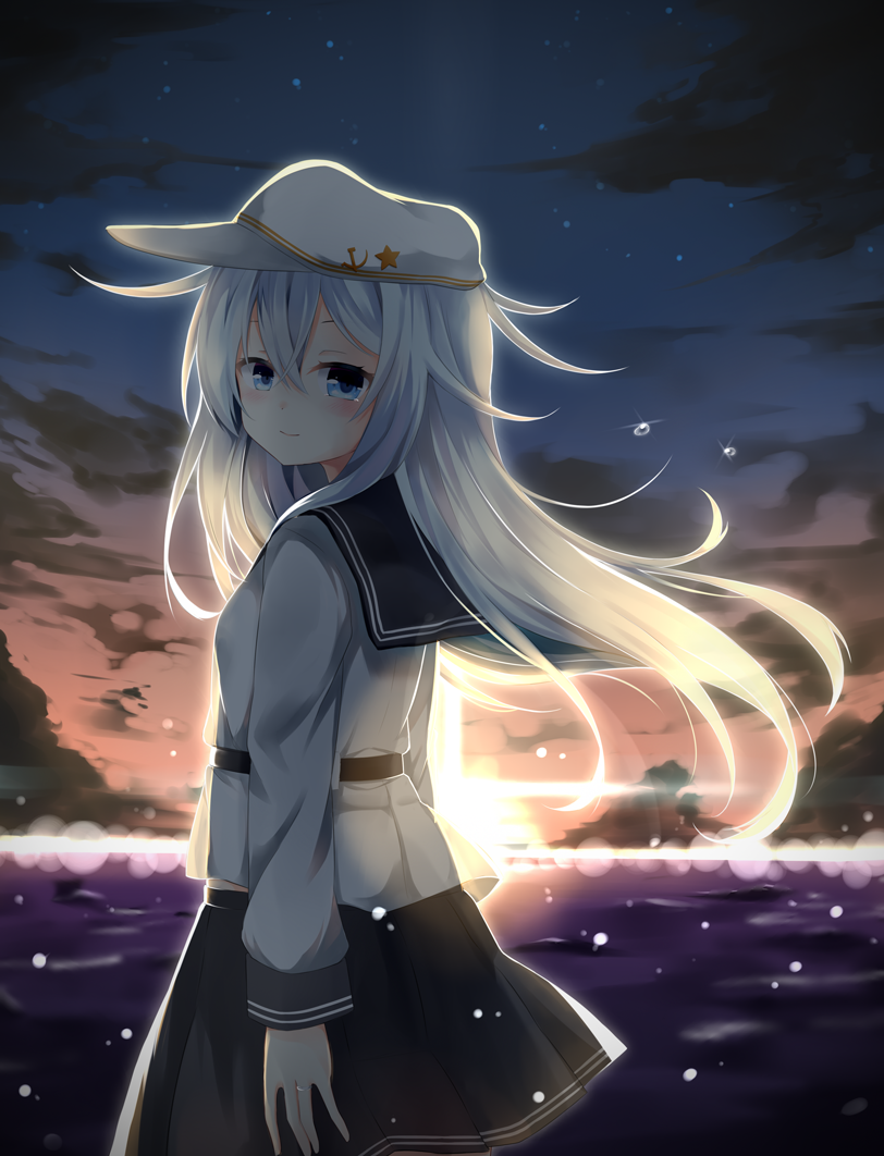 belt blue_eyes hammer_and_sickle hat hibiki_(kantai_collection) kantai_collection long_hair looking_at_viewer ocean siroyuki star_pin sunset twilight verniy_(kantai_collection) white_hair