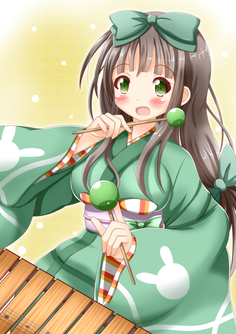 1girl :d apron bangs blunt_bangs bow breasts brown_hair commentary_request eyebrows_visible_through_hair flower gochuumon_wa_usagi_desu_ka? green_bow green_eyes green_kimono hair_bow hair_flower hair_ornament highres holding instrument japanese_clothes kimono large_breasts long_hair long_sleeves music obi open_mouth playing_instrument sash smile solo ujimatsu_chiya white_apron wide_sleeves xylophone yellow_background zenon_(for_achieve)