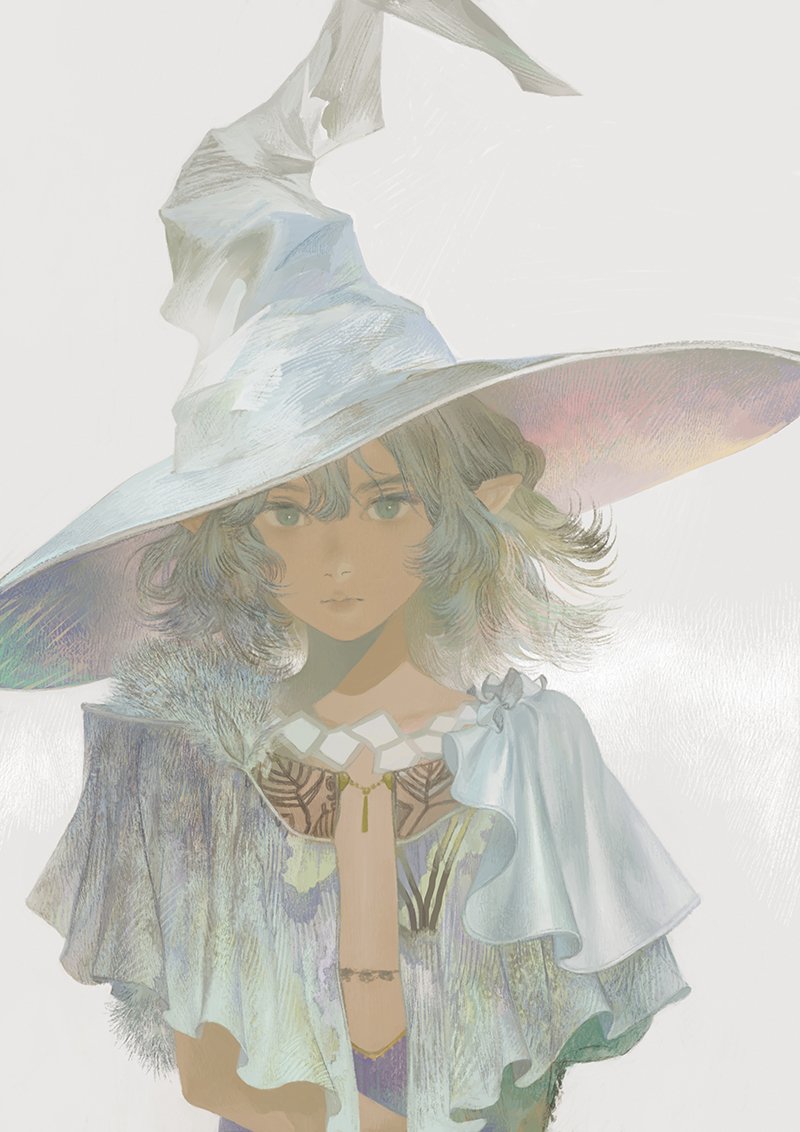 1girl capelet closed_mouth commentary_request grey_background grey_eyes grey_hair hair_between_eyes hat matayoshi original pointy_ears simple_background solo upper_body witch_hat