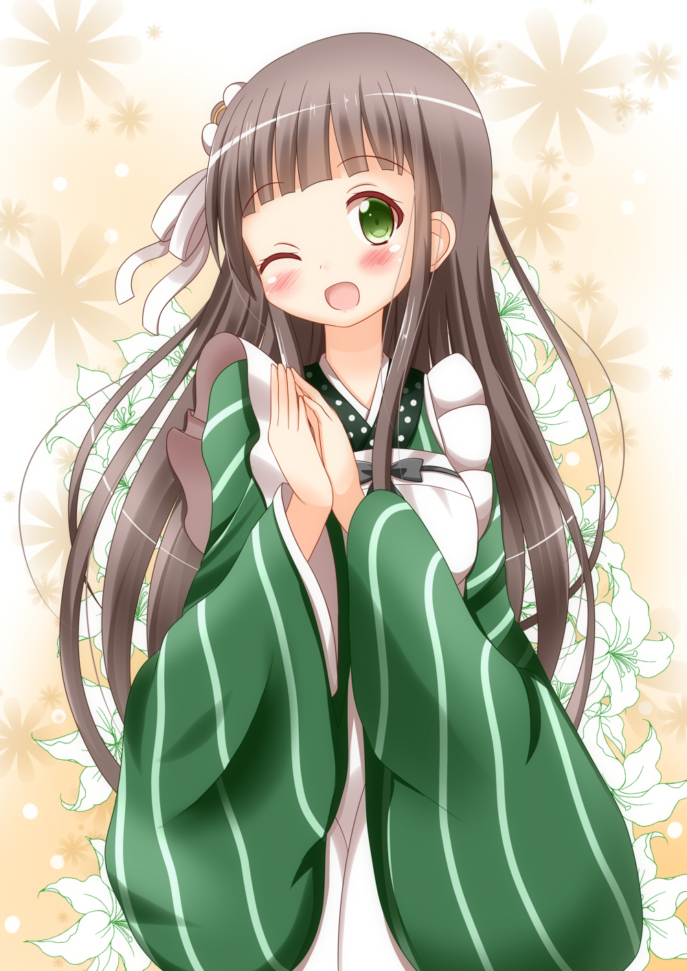 1girl ;d ama_usa_an_uniform apron bangs blunt_bangs blush breasts brown_hair closed_eyes commentary_request facing_viewer floral_background gochuumon_wa_usagi_desu_ka? green_eyes green_kimono hands_together highres interlocked_fingers japanese_clothes kimono long_hair long_sleeves one_eye_closed open_mouth polka_dot_trim small_breasts smile solo striped striped_kimono ujimatsu_chiya white_apron wide_sleeves zenon_(for_achieve)