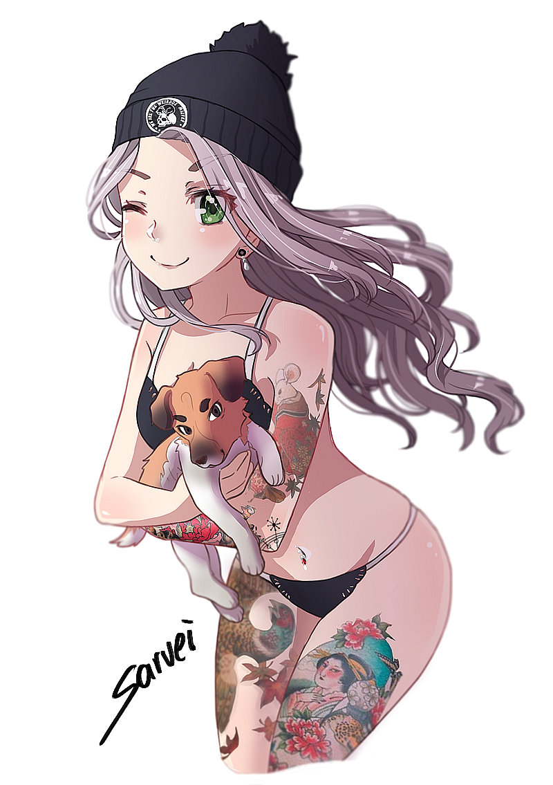 1girl ;) animal animal_hug arm_tattoo artist_name bangs bare_arms bare_shoulders beanie black_bra black_hat black_panties blush bra breasts closed_mouth collarbone dog earrings eyebrows_visible_through_hair green_eyes grey_hair hat jewelry leg_tattoo long_hair looking_at_viewer medium_breasts navel navel_piercing one_eye_closed panties parted_bangs piercing saruei simple_background smile solo suicide_girls tattoo underwear underwear_only v-shaped_eyebrows very_long_hair white_background