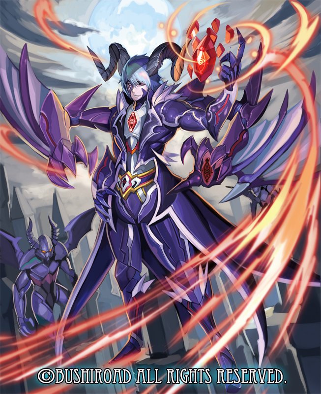 1boy amon's_eye_agares armor armored_boots bat_wings blue_hair boots cardfight!!_vanguard eyepatch faceless faceless_male gem gloves helmet horns male_focus moon night night_sky official_art red_eyes shousuke_(skirge) sky solo teeth wings