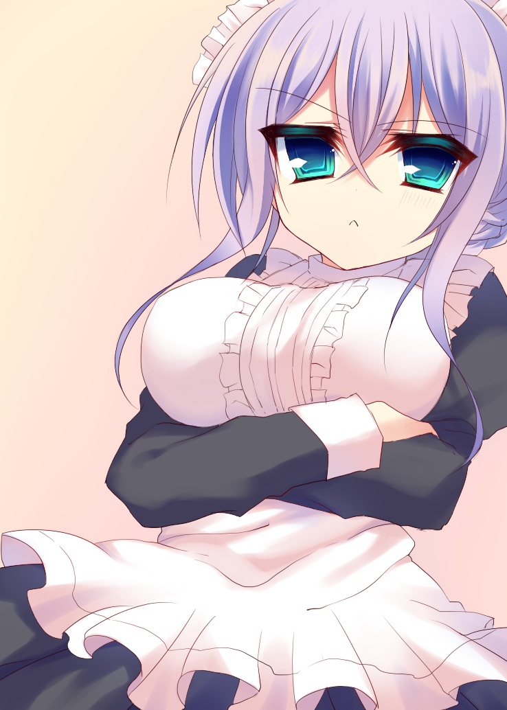 1girl apron artist_request blue_eyes breasts cardfight!!_vanguard dress frills large_breasts lavender_hair long_hair looking_at_viewer low_angle maid maid_apron maid_headdress puffy_sleeves purple_hair solo tokura_misaki waist_apron wrist_cuffs