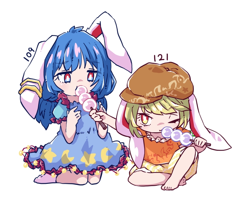 2girls animal_ears arm_up arrow_(symbol) bangs barefoot blonde_hair blue_dress blue_eyes blue_hair brown_headwear crescent crescent_print dango dress eating eyebrows_visible_through_hair eyes_visible_through_hair food hand_up hands_up hat lana151 looking_at_another medium_hair multicolored multicolored_eyes multiple_girls numbered one_eye_closed orange_eyes orange_shirt puffy_short_sleeves puffy_sleeves rabbit_ears red_eyes ringo_(touhou) seiran_(touhou) seiza shirt short_hair short_sleeves short_twintails shorts simple_background sitting socks star_(symbol) star_print striped striped_shorts t-shirt touhou twintails wagashi white_background white_eyes white_legwear white_shorts yellow_shorts