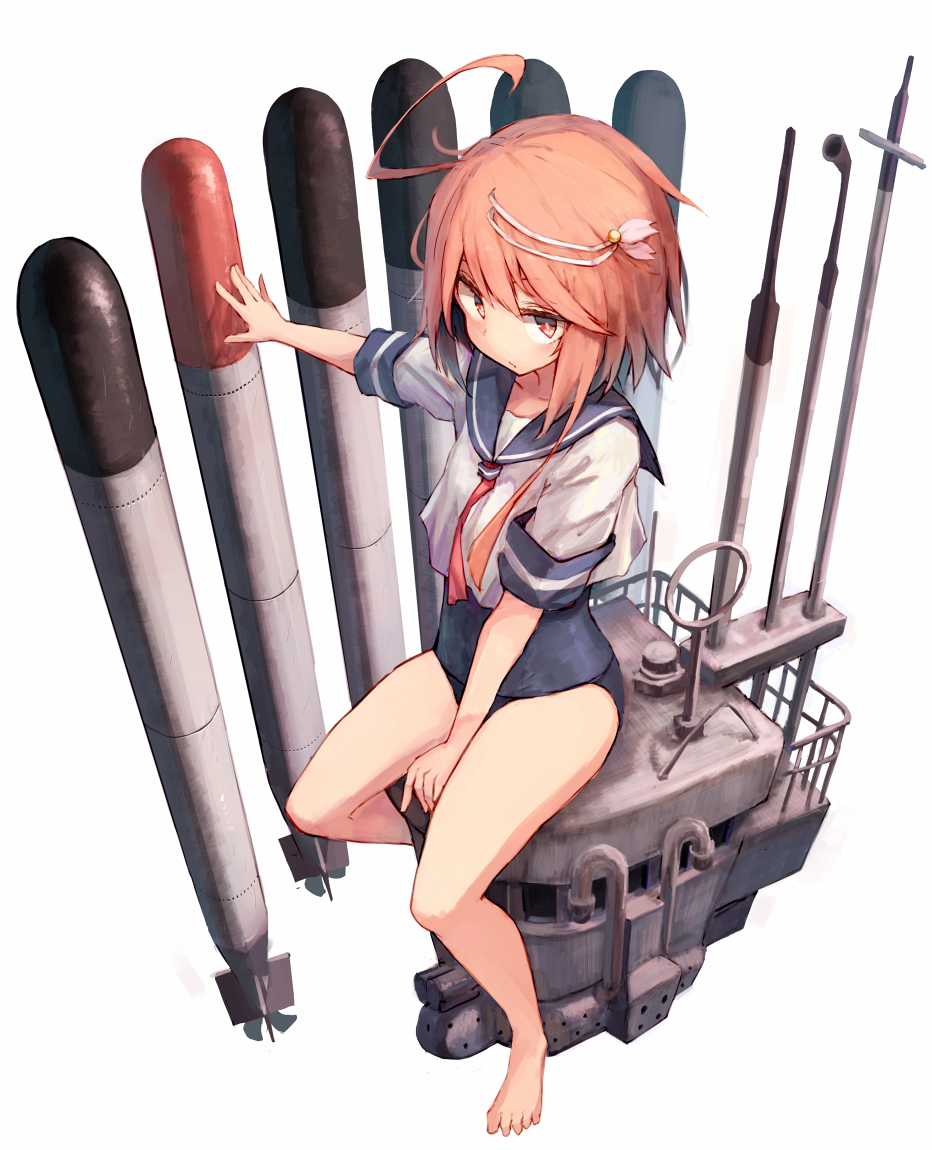1girl ahoge barefoot beize_(garbage) black_swimsuit blue_sailor_collar full_body hair_ornament i-58_(kantai_collection) kantai_collection looking_at_viewer machinery neckerchief pink_eyes pink_hair pink_neckwear sailor_collar sailor_shirt school_swimsuit school_uniform serafuku shirt short_hair simple_background sitting solo swimsuit swimsuit_under_clothes torpedo white_background
