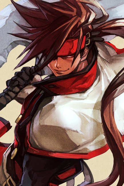 1boy axe bangs black_gloves brown_hair capelet closed_mouth gloves grey_background guilty_gear hankuri headband holding holding_weapon long_hair male_focus order-sol ponytail red_eyes simple_background smile smirk sol_badguy solo upper_body very_long_hair weapon white_capelet