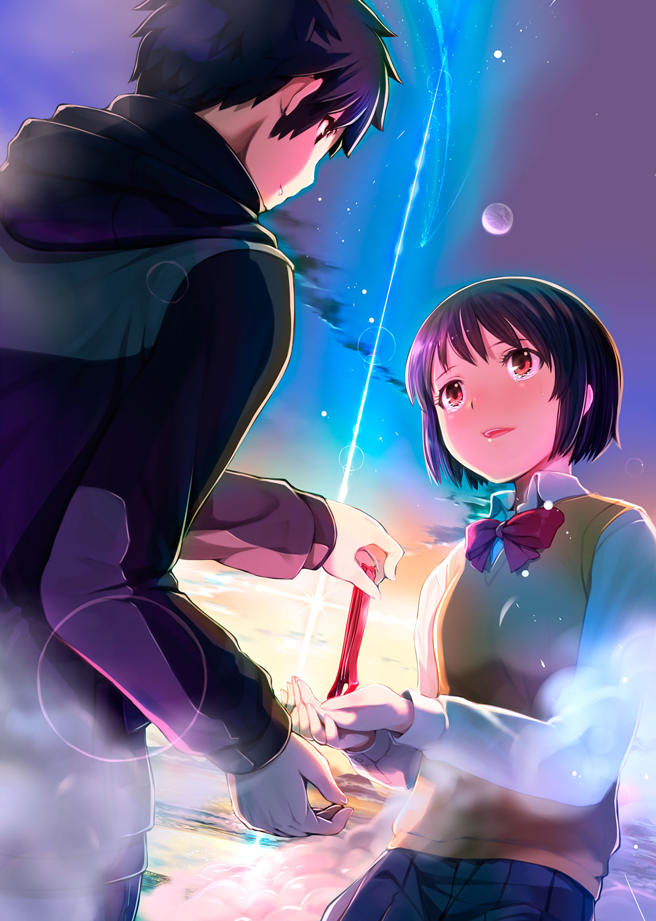 1boy 1girl alternate_eye_color alternate_hair_color black_hair brown_eyes comet commentary_request diffraction_spikes full_moon highres hood hoodie kimi_no_na_wa long_sleeves mikazuki_akira! miyamizu_mitsuha moon open_mouth red_eyes school_uniform short_hair smile sweater_vest tachibana_taki tears teeth