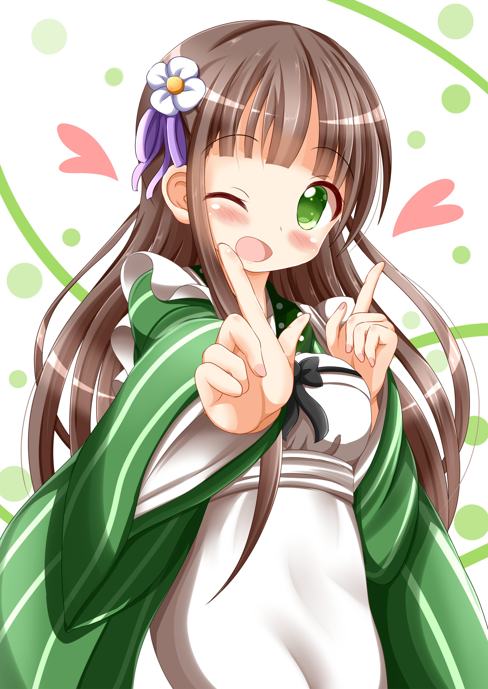 1girl ;d ama_usa_an_uniform bangs blunt_bangs blush breasts brown_hair commentary_request eyebrows_visible_through_hair gochuumon_wa_usagi_desu_ka? green_background green_eyes green_kimono heart highres index_finger_raised japanese_clothes kimono koi_dance long_hair long_sleeves looking_at_viewer one_eye_closed open_mouth polka_dot_trim small_breasts smile solo striped striped_kimono ujimatsu_chiya wide_sleeves zenon_(for_achieve)