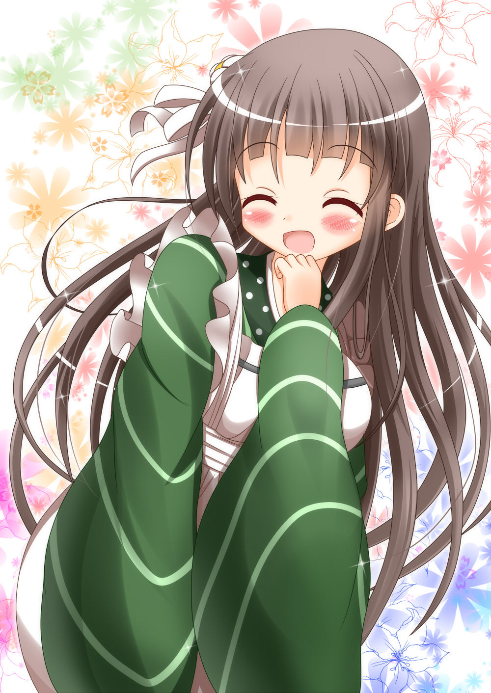 1girl :d ^_^ ama_usa_an_uniform apron bangs blunt_bangs blush breasts brown_hair closed_eyes commentary_request facing_viewer gochuumon_wa_usagi_desu_ka? green_eyes green_kimono highres japanese_clothes kimono long_hair long_sleeves medium_breasts open_mouth polka_dot_trim smile solo striped striped_kimono ujimatsu_chiya white_apron wide_sleeves zenon_(for_achieve)