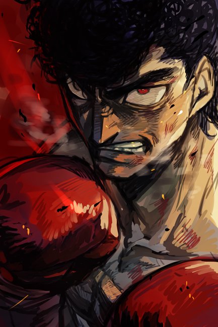 1boy bandage black_hair boxing_gloves bruise check_character check_copyright clenched_teeth hajime_no_ippo hankuri injury male_focus red_background red_eyes sanpaku solo takamura_mamoru teeth upper_body