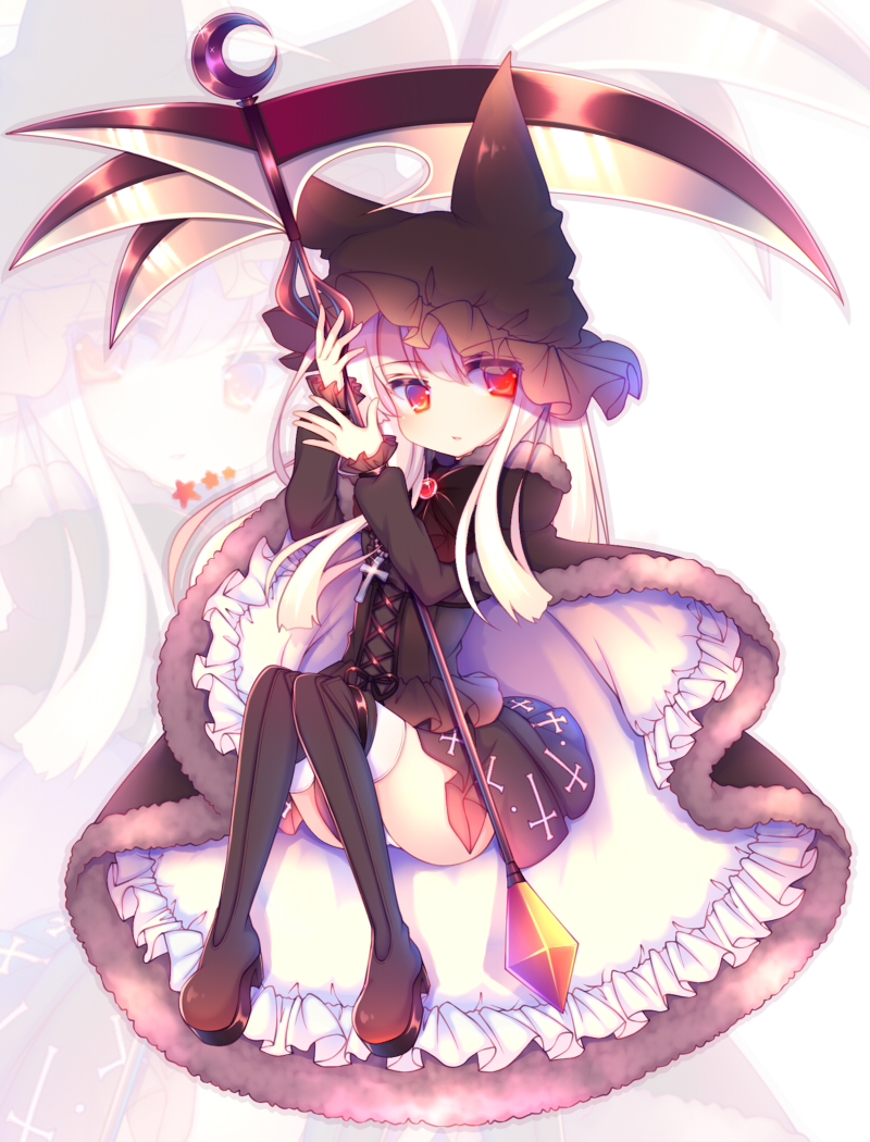 1girl azur_lane bangs black_cloak black_footwear black_hat black_legwear black_shirt black_skirt blush boots cloak commentary_request erebus_(azur_lane) eyebrows_visible_through_hair frilled_hat frills full_body fur-trimmed_cloak hair_between_eyes hat high_heel_boots high_heels holding holding_scythe long_hair long_sleeves looking_at_viewer panties parted_lips pleated_skirt red_eyes sakurato_ototo_shizuku scythe shinigami shirt silver_hair sitting skirt solo thighhighs_under_boots underwear very_long_hair white_legwear white_panties zoom_layer