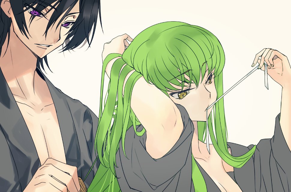 1boy 1girl bangs black_hair breasts c.c. cleavage code_geass commentary_request couple creayus eyebrows_visible_through_hair eyes_visible_through_hair fingernails green_hair hair_between_eyes hands_up lelouch_lamperouge long_hair long_sleeves mouth_hold pink_background simple_background tying_hair violet_eyes yellow_eyes