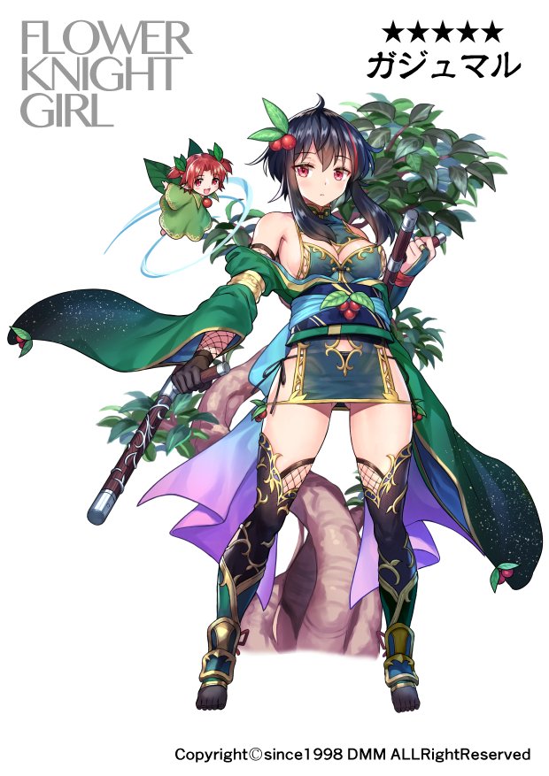 1girl black_gloves black_hair black_legwear black_panties boots breasts character_name cleavage copyright_name detached_sleeves fairy flower_knight_girl full_body gajumaru_(flower_knight_girl) gloves green_footwear hair_ornament holding holding_weapon jitome matanonki multicolored_hair object_namesake official_art panties red_eyes redhead short_hair side-tie_panties simple_background solo standing streaked_hair thigh-highs tonfa two-tone_hair underwear weapon white_background