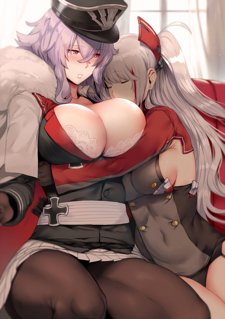 2girls azur_lane bangs black_gloves black_hat black_legwear blurry blush bra bra_peek breasts closed_eyes collared_shirt couch covered_navel curtains depth_of_field eyebrows_visible_through_hair gloves graf_zeppelin_(azur_lane) hair_between_eyes hair_ornament hat hews_hack hug indoors iron_cross large_breasts long_hair long_sleeves medium_breasts military military_uniform multicolored_hair multiple_girls pantyhose parted_lips peaked_cap pleated_skirt prinz_eugen_(azur_lane) redhead shirt sideboob silver_hair sitting skirt streaked_hair two-tone_hair underwear uniform violet_eyes white_bra white_skirt window yuri