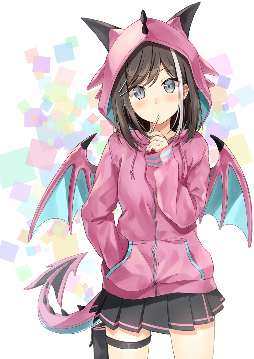 1girl animal_hood black_hair candy dragon_horns dragon_tail dragon_wings food grey_eyes hair_ornament hairclip hand_in_pocket holster hood hoodie horns kakao_rantan lollipop looking_at_viewer multicolored_hair original pleated_skirt skirt solo streaked_hair tail thigh_holster two-tone_hair white_hair wings