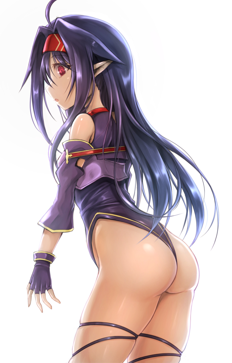 1girl ahoge ass bare_legs bare_shoulders breastplate commentary_request detached_sleeves eyebrows_visible_through_hair fingerless_gloves gloves hair_between_eyes hairband highres konno_yuuki_(sao) leotard long_hair open_mouth pointy_ears purple_gloves purple_hair red_eyes red_hairband shimo_(depthbomb) simple_background solo sword_art_online yuuki_(sao)