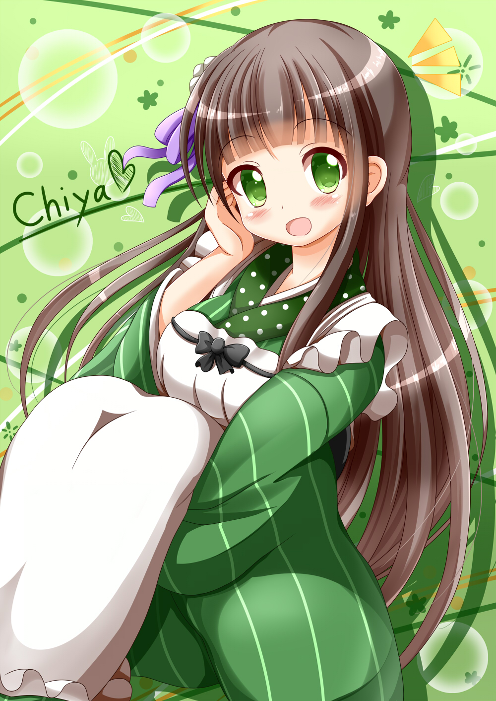 1girl ama_usa_an_uniform bangs blunt_bangs breasts brown_hair character_name commentary_request gochuumon_wa_usagi_desu_ka? green_background green_eyes green_kimono highres japanese_clothes kimono long_hair long_sleeves looking_at_viewer medium_breasts polka_dot_trim solo striped striped_kimono ujimatsu_chiya wide_sleeves zenon_(for_achieve)