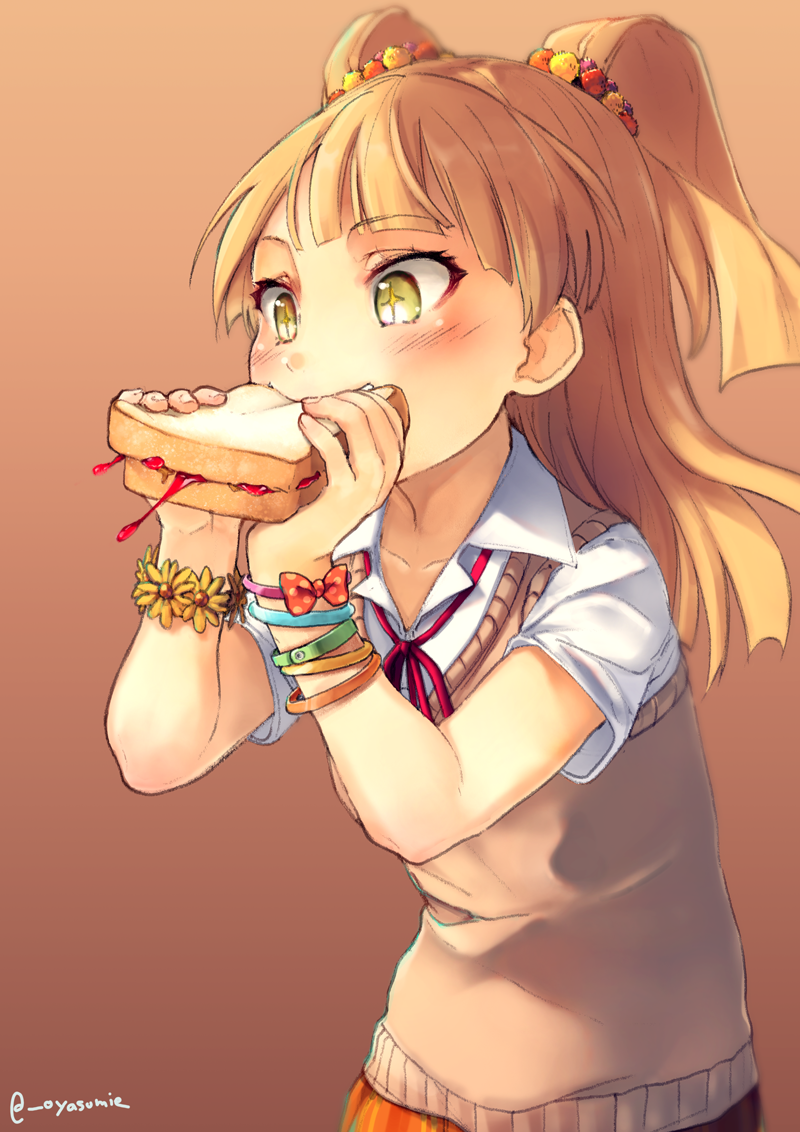 1girl bangs blunt_bangs blush bracelet brown_background collared_shirt eating eyebrows_visible_through_hair food gradient gradient_background green_eyes hair_ornament hair_scrunchie holding holding_food idolmaster idolmaster_cinderella_girls jewelry jougasaki_rika long_hair neck_ribbon red_neckwear red_ribbon ribbon sandwich school_uniform scrunchie shirt short_sleeves solo sparkling_eyes straight_hair sumi_(oyasumie) twitter_username two_side_up upper_body white_shirt wing_collar