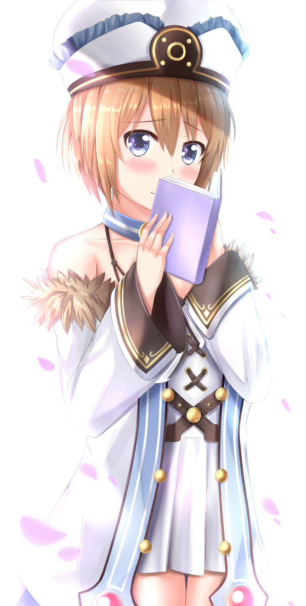 1girl bare_shoulders blanc blue_eyes blush book brown_hair covering_face cowboy_shot dress fur_trim hat highres holding holding_book looking_at_viewer muwa12 neptune_(series) short_hair smile solo spaghetti_strap white_coat white_dress wide_sleeves