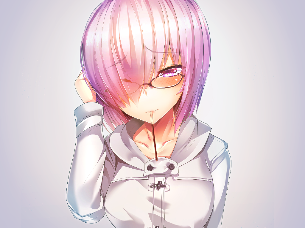 1girl arm_up bangs blush closed_mouth coat collarbone eyebrows_visible_through_hair fate/grand_order fate_(series) food food_in_mouth glasses grey_background hair_over_one_eye head_tilt long_sleeves looking_at_viewer mash_kyrielight mouth_hold pink_hair pocky short_hair silly_(marinkomoe) simple_background solo violet_eyes white_coat