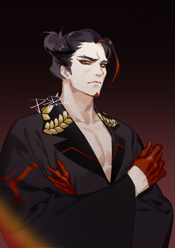 1boy black_hair closed_mouth dark_background dated eyeshadow gloves hair_bun half_gloves hanzo_(overwatch) japanese_clothes long_sleeves looking_at_viewer makeup male_focus multicolored_hair overwatch psd red_gloves signature solo streaked_hair upper_body wide_sleeves