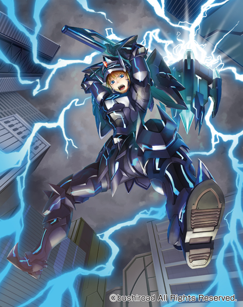 1boy armor armored_boots blonde_hair blue_eyes boots cardfight!!_vanguard clouds cloudy_sky company_name electricity gloves hammer helmet leaping_knight_ligan_lumna male_focus official_art open_mouth sky teeth