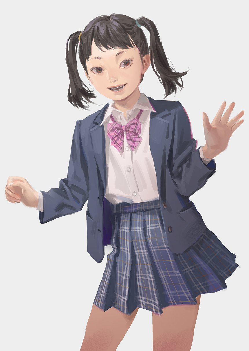 1girl :d black_hair blue_jacket blue_skirt bow bowtie braces brown_eyes collared_shirt contrapposto cowboy_shot grey_background hand_up highres jacket long_sleeves looking_at_viewer open_mouth pink_neckwear pleated_skirt ribbon school_uniform shirt short_hair simple_background skirt smile solo standing tunapon01 twintails white_shirt wing_collar