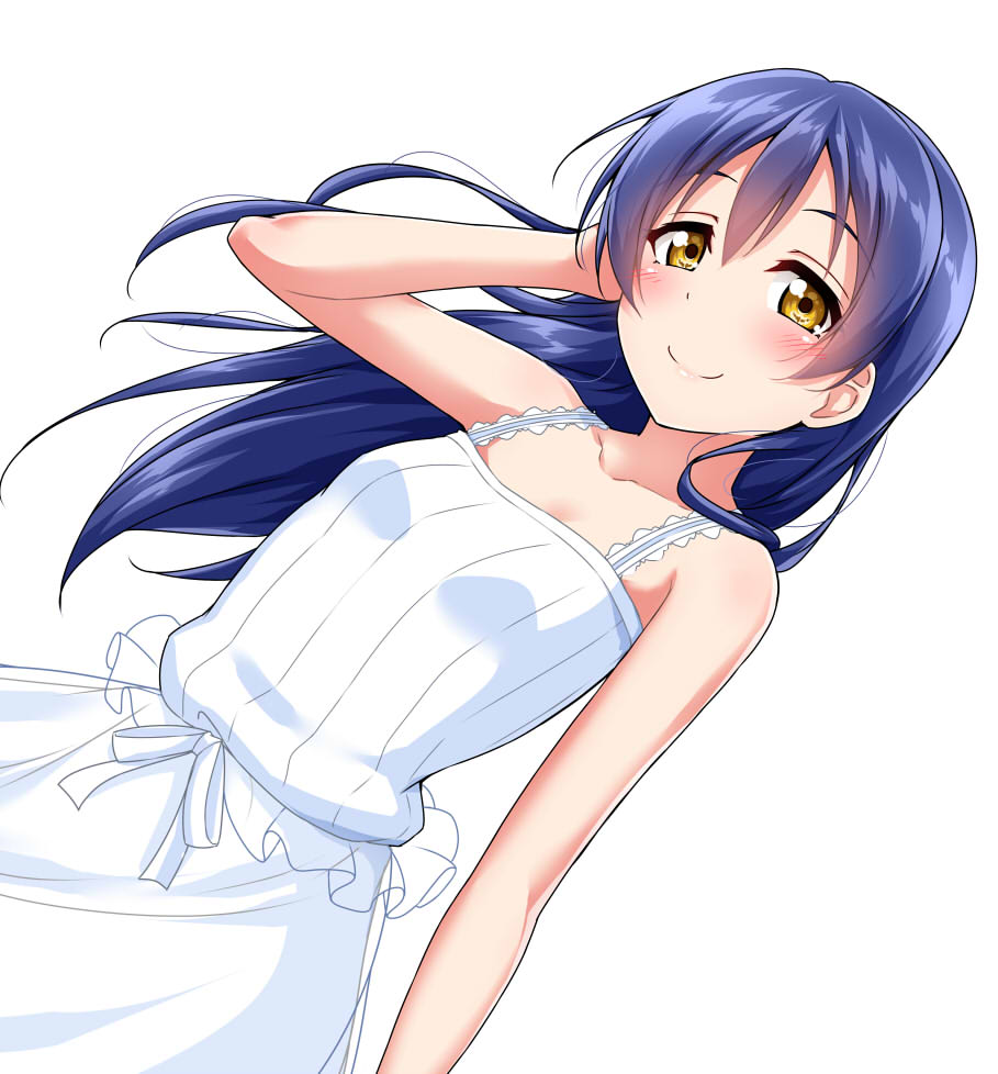 1girl bangs blue_hair blush commentary_request dress hair_between_eyes hand_in_hair long_hair looking_at_viewer love_live! love_live!_school_idol_project simple_background sleeveless sleeveless_dress solo sonoda_umi sundress upper_body white_background white_dress yellow_eyes yopparai_oni