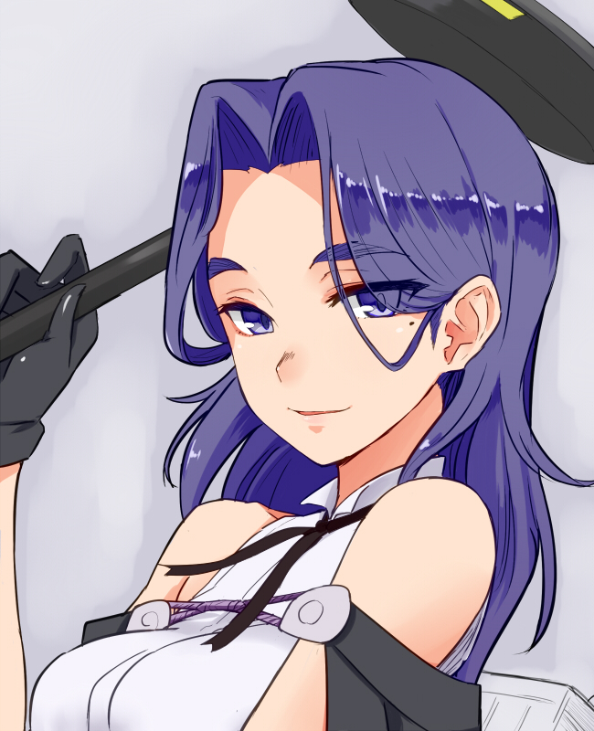 1girl black_capelet capelet close-up eyebrows_visible_through_hair hair_between_eyes hair_intakes kantai_collection mechanical_halo medium_hair mole mole_under_eye polearm purple_hair smile solo tatsuta_(kantai_collection) thick_eyebrows tsurugi_muda upper_body violet_eyes weapon