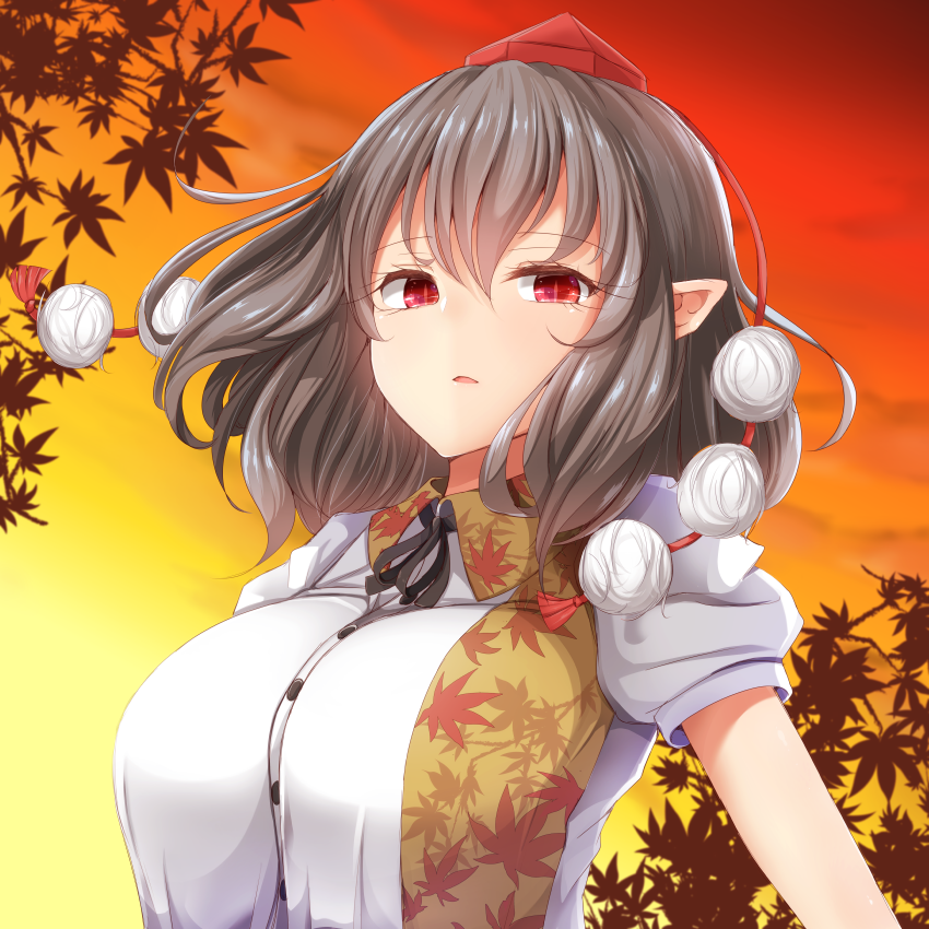 1girl black_hair black_ribbon breasts hair_between_eyes hat large_breasts leaf_print looking_at_viewer neck_ribbon outdoors pointy_ears pom_pom_(clothes) puffy_short_sleeves puffy_sleeves red_sky ribbon shameimaru_aya shiny shiny_hair shiro_oolong-cha shirt short_sleeves sky solo tokin_hat touhou upper_body white_shirt wind yellow_sky