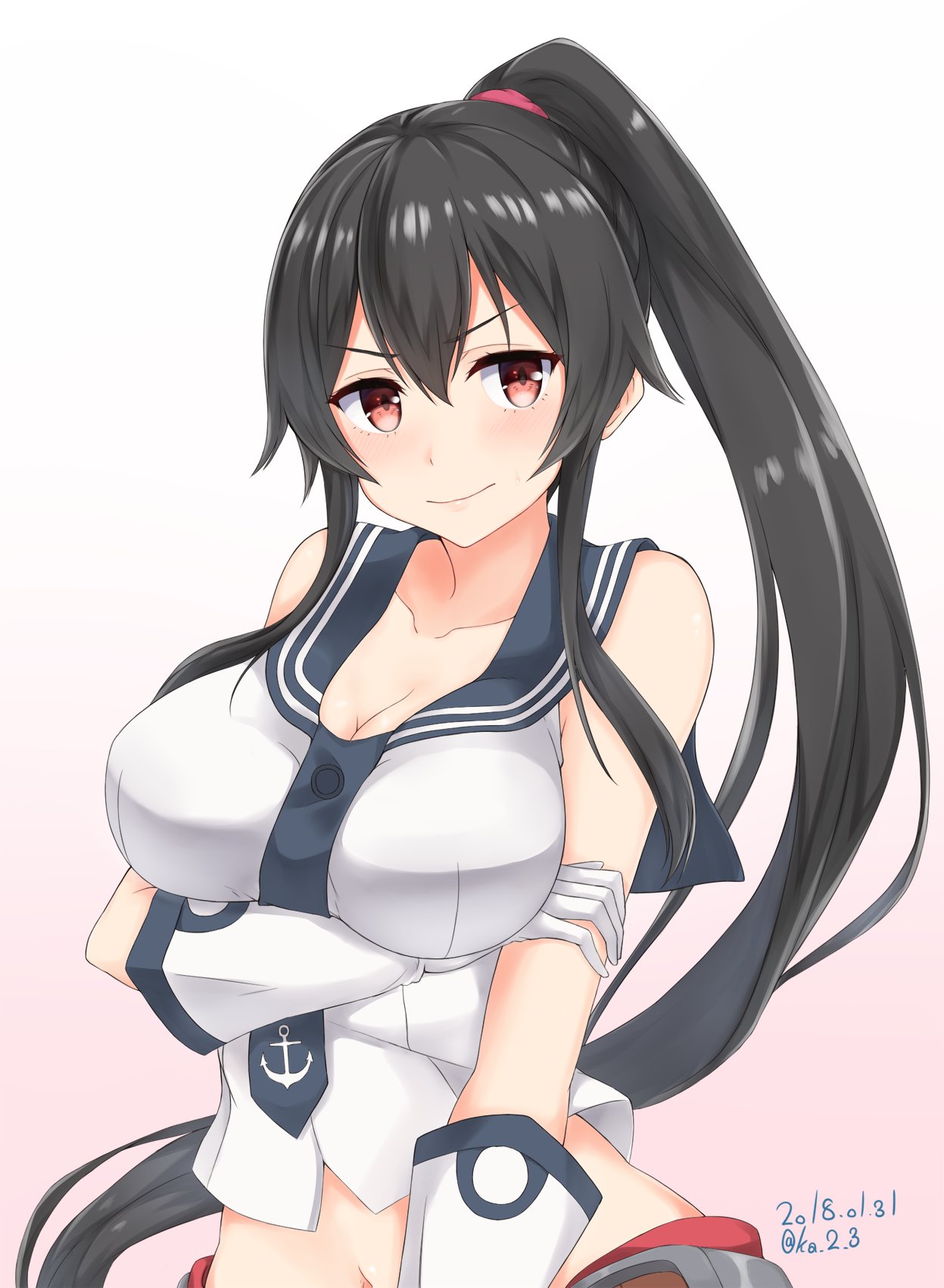 1girl 2018 anchor_print bare_arms black_hair blush breast_lift breasts cleavage collarbone dated elbow_gloves gloves hair_between_eyes hand_on_own_arm highres ka_tsumi kantai_collection large_breasts long_hair looking_at_viewer midriff navel ponytail red_eyes red_skirt sailor_collar scrunchie shiny shiny_hair simple_background skirt smile solo twitter_username upper_body very_long_hair white_background yahagi_(kantai_collection)
