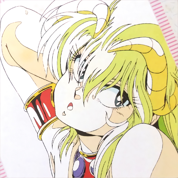 1girl 80s :o arm_up armlet black_eyes close-up green_eyes hand_behind_head horns kahm manabe_jouji official_art oldschool outlanders portrait solo