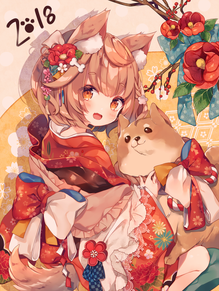 1girl 2018 ana_(rznuscrf) animal animal_ears bangs bone_hair_ornament brown_eyes brown_hair commentary_request dog dog_ears dog_girl dog_tail eyebrows_visible_through_hair fingernails floral_print flower hair_flower hair_ornament head_tilt japanese_clothes kimono long_sleeves looking_at_viewer looking_to_the_side original print_kimono red_flower red_kimono seiza sitting solo tail thick_thighs thighs wide_sleeves year_of_the_dog