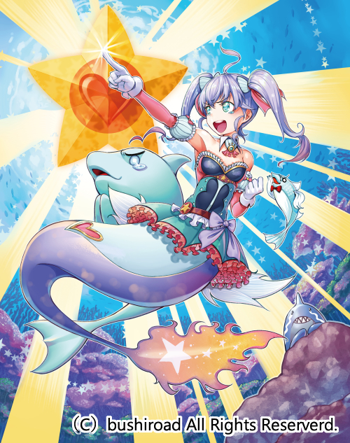 1girl aqua_eyes bow bowtie cardfight!!_vanguard chouchou_sasha company_name coral crying dolphin fangs fish gloves heart long_hair mermaid monster_girl munakata official_art open_mouth purple_hair shark sparkle star teeth twintails underwater