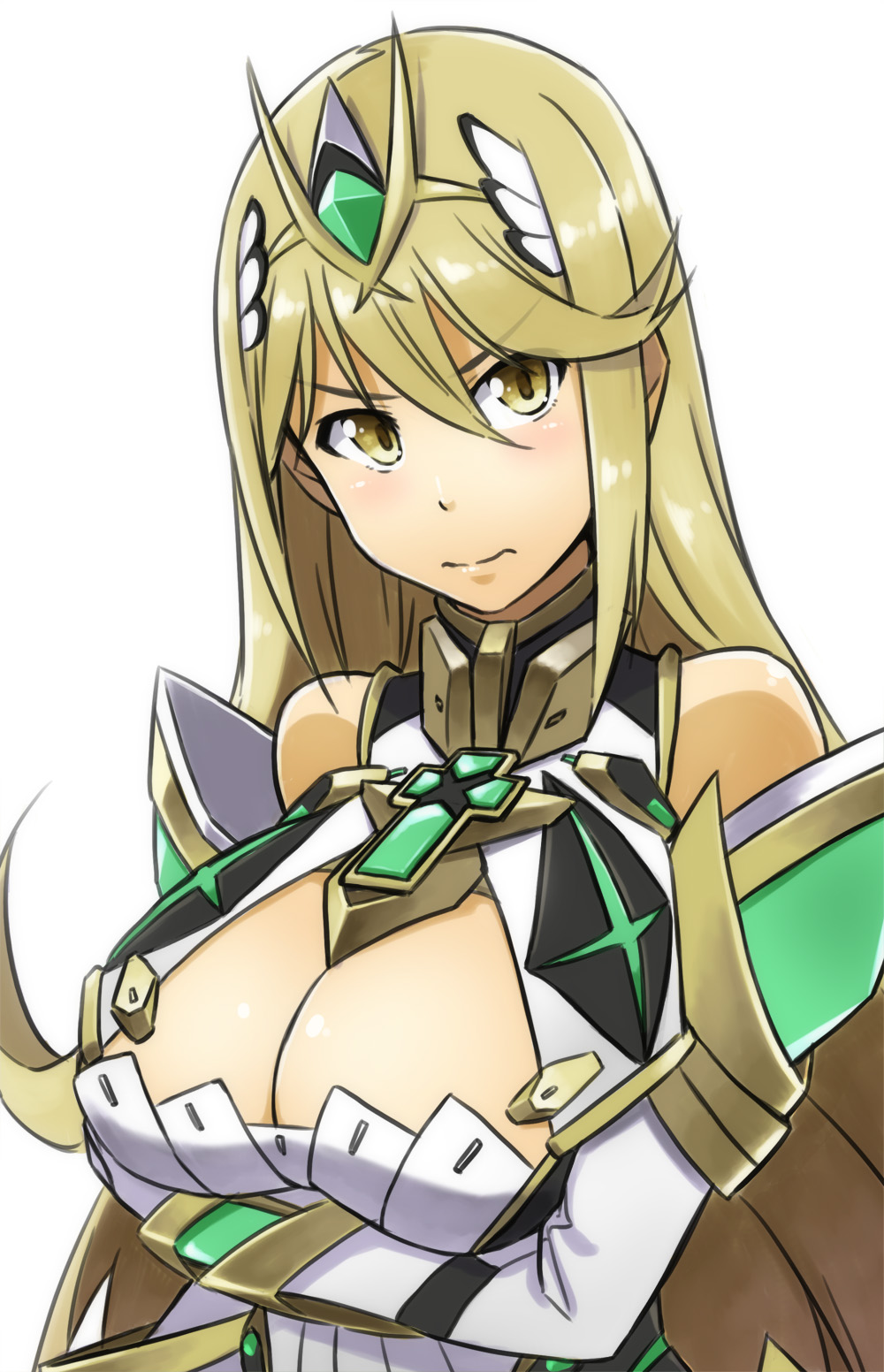 1girl alto-00 armor bare_shoulders blonde_hair breasts cleavage cross dress gloves highres mythra_(xenoblade) large_breasts long_hair looking_at_viewer solo tiara upper_body xenoblade xenoblade_2 yellow_eyes