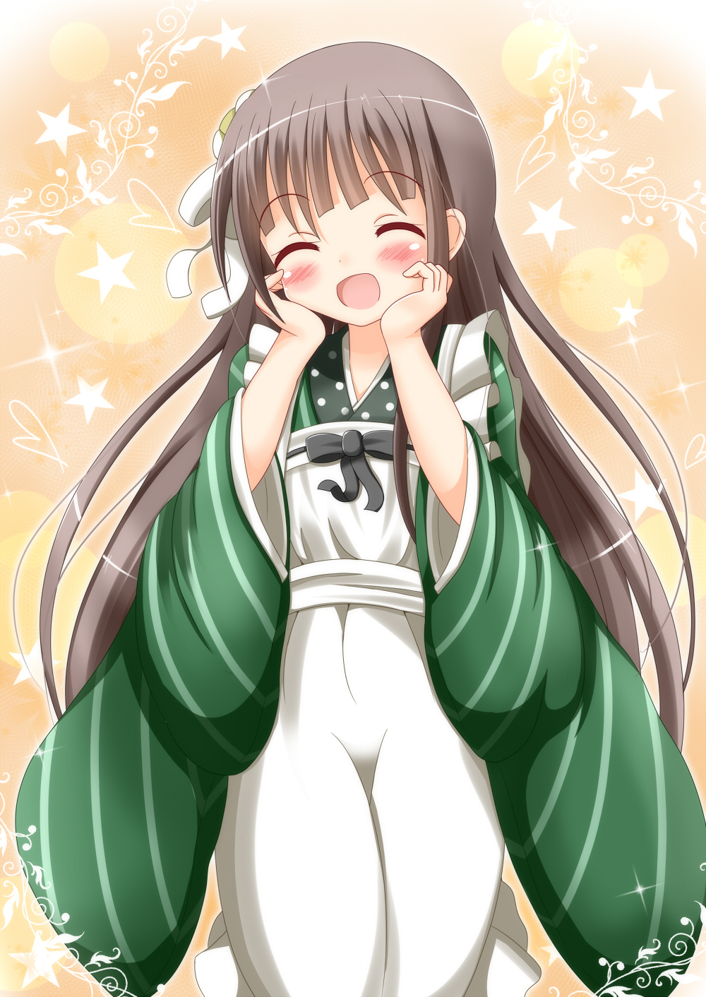 1girl :d ^_^ ama_usa_an_uniform apron bangs blunt_bangs blush brown_hair closed_eyes commentary_request facing_viewer flat_chest gochuumon_wa_usagi_desu_ka? green_eyes green_kimono hands_on_own_cheeks hands_on_own_face hands_together highres interlocked_fingers japanese_clothes kimono long_hair long_sleeves open_mouth polka_dot_trim smile solo striped striped_kimono ujimatsu_chiya white_apron wide_sleeves zenon_(for_achieve)