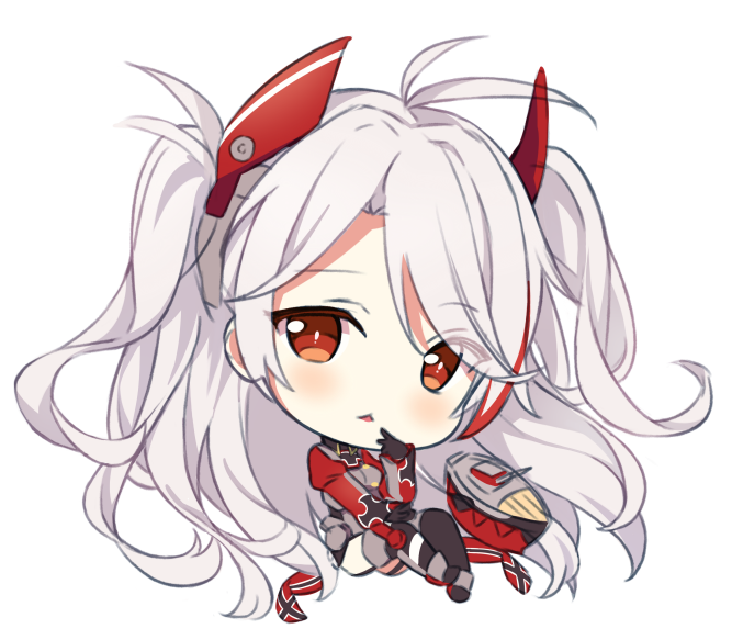 1girl :&lt; antenna_hair azur_lane bangs black_gloves black_legwear blush brown_eyes chibi eyebrows_visible_through_hair finger_to_mouth full_body gloves grey_jacket hair_between_eyes headgear hitsukuya iron_cross jacket long_hair long_sleeves looking_at_viewer military_jacket multicolored_hair parted_lips prinz_eugen_(azur_lane) redhead sidelocks silver_hair simple_background solo streaked_hair swept_bangs thigh-highs triangle_mouth two_side_up very_long_hair white_background