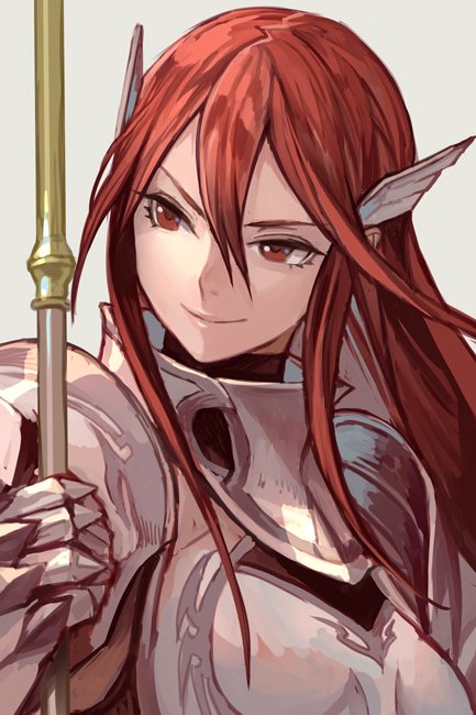 1girl armor closed_mouth fire_emblem fire_emblem:_kakusei full_armor gauntlets grey_background hair_between_eyes hankuri holding holding_spear holding_weapon long_hair polearm red_eyes redhead simple_background smile solo spear cordelia_(fire_emblem) upper_body weapon